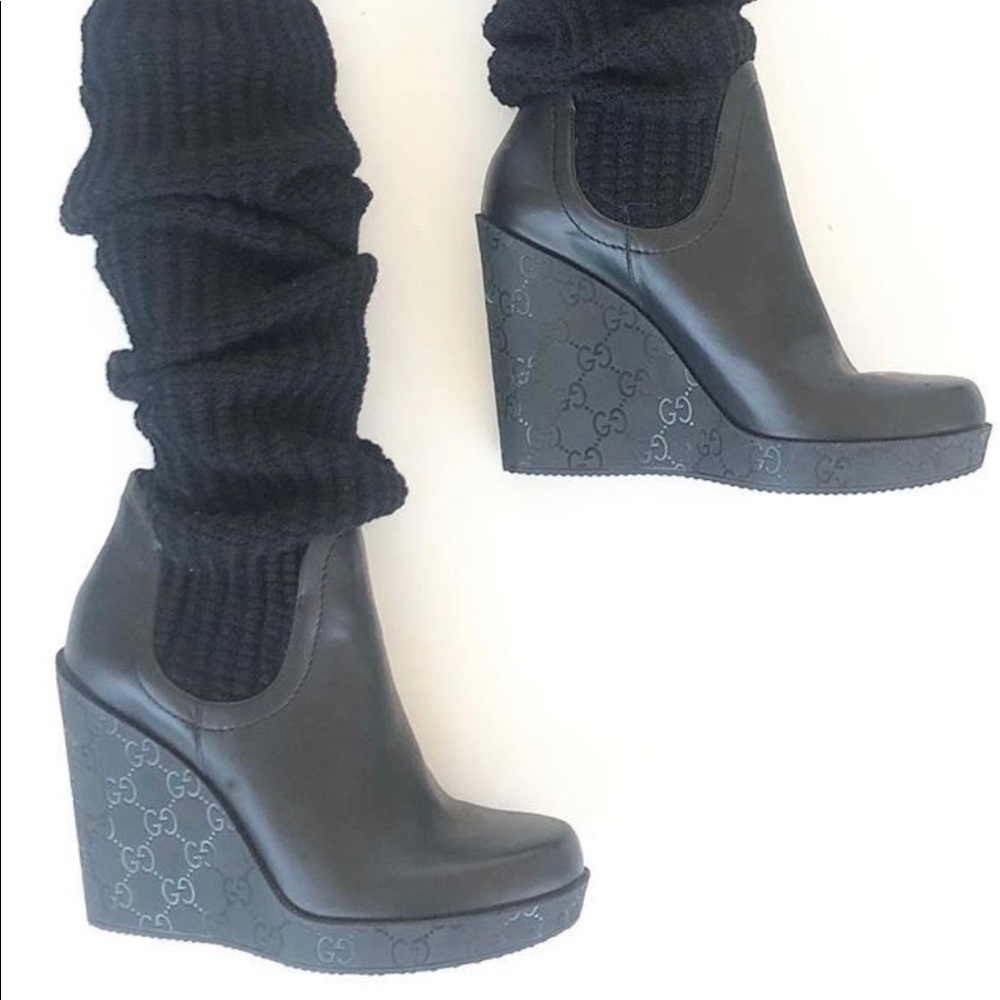 Gucci Black Leather Logo Knit Wool OTK Wedge Boots